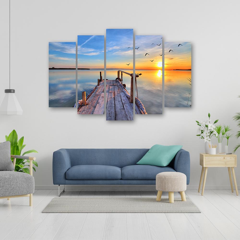 Картина из пяти частей, печать на холсте, закат, пешеходный мост, озеро