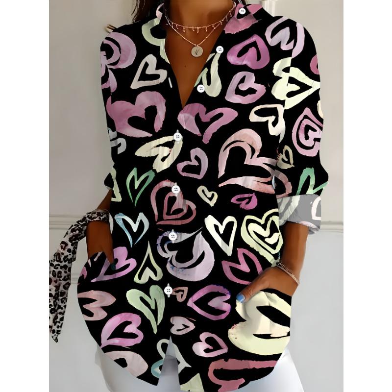 Plus size women's long-sleeved shirts with heart print shirts are soft, comfortable and skin-friendly