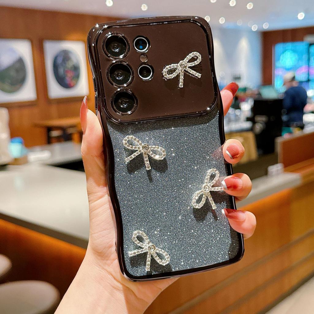 Электроplated прозрачный волнистый большой окно подходит для Samsung Galaxy S25 блестящий бриллиантовый бант чехол для мобильного телефона защитный чехол