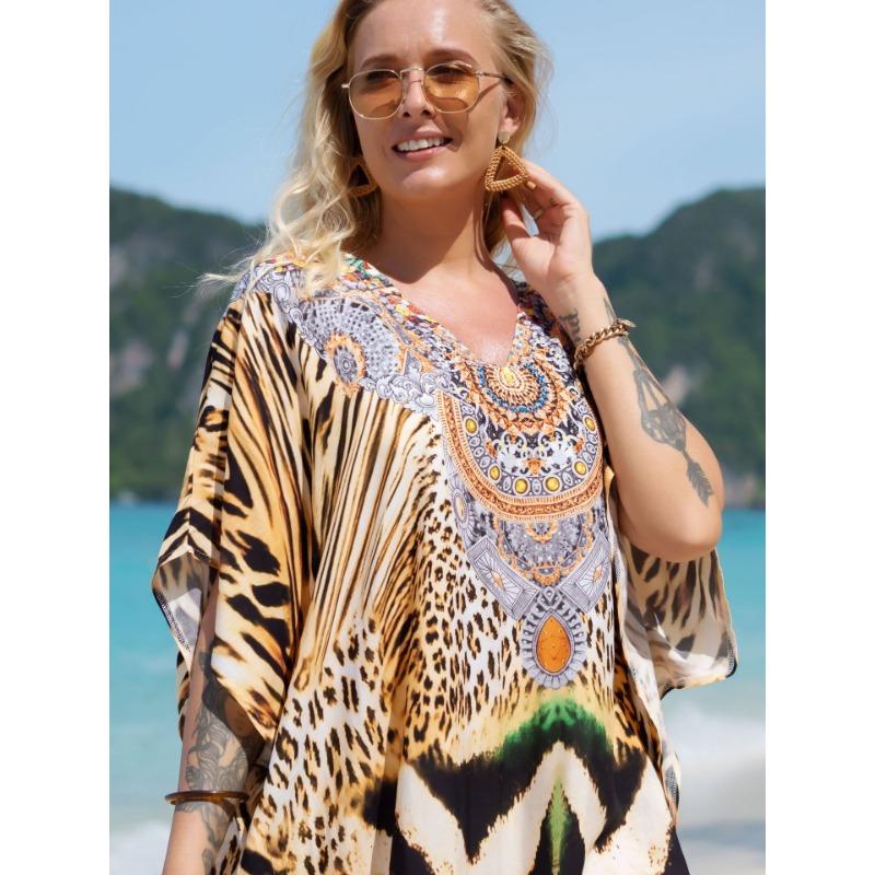 Женская мода лето весна леопардовый принт рукава 1/2 V-образный вырез свободная талия повседневные платья