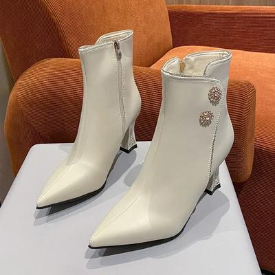 Модные женские ботильоны на высоком каблуке, новые осенне-зимние ретро-ботильоны с острым носком и толстым каблуком, короткие ботильоны, модные дизайнерские туфли со стразами 024