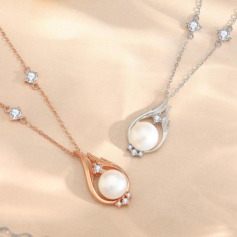 S925 Sterling Silver Nature Freshwater Pearl Diamond Pendant Necklace Women Pearl Chain Necklace Jewelry
