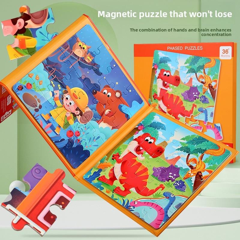 Wooden Childrens Educational Magnetic Foldable Puzzle Book For Animal And Traffic Recognition