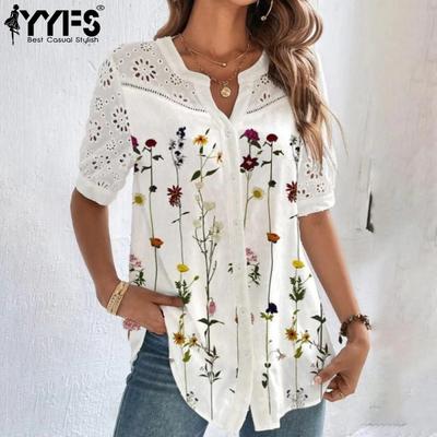 Женские модные повседневные летние весенние блузки и рубашки с цветочным узором и коротким рукавом с v-образным вырезом