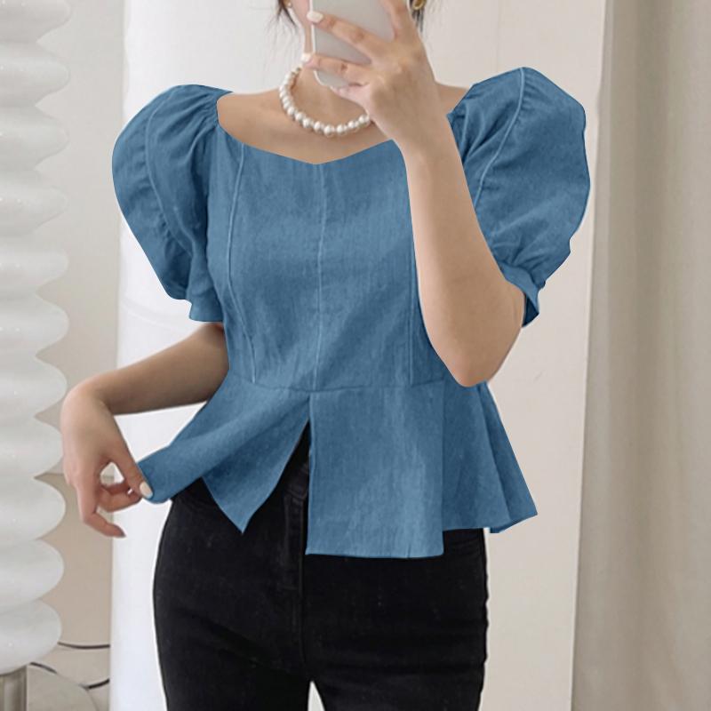 ZANZEA Женская повседневная блузка с круглым вырезом, рукавами-буфами, однотонная, свободного кроя