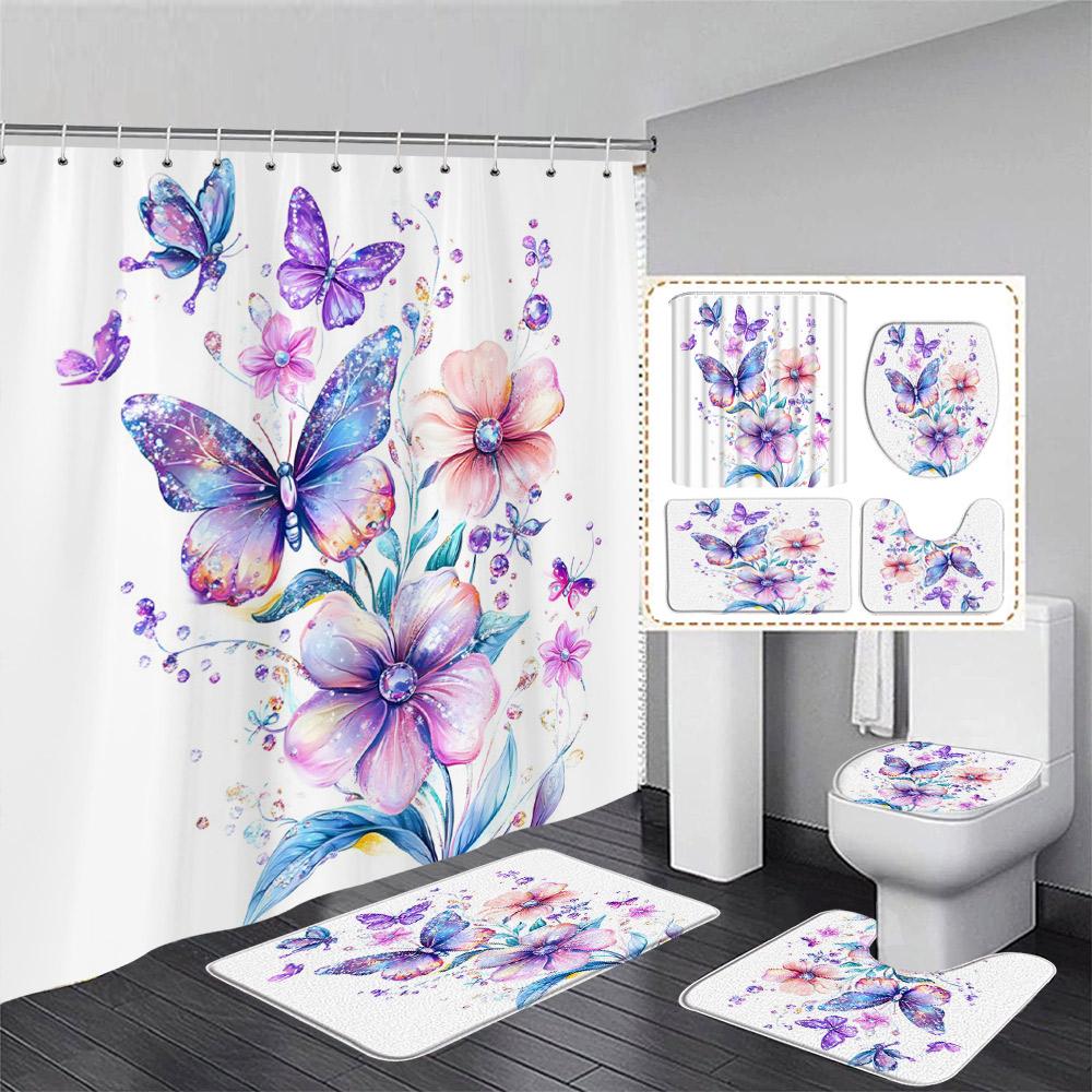 Синий Цветочный Набор Штор для Душа с Бабочками Фиолетовые Цветы Растения Бабочки Узор Декор для Ванной Комнаты Дома Коврики для Ванной Чехол на Крышку Унитаза