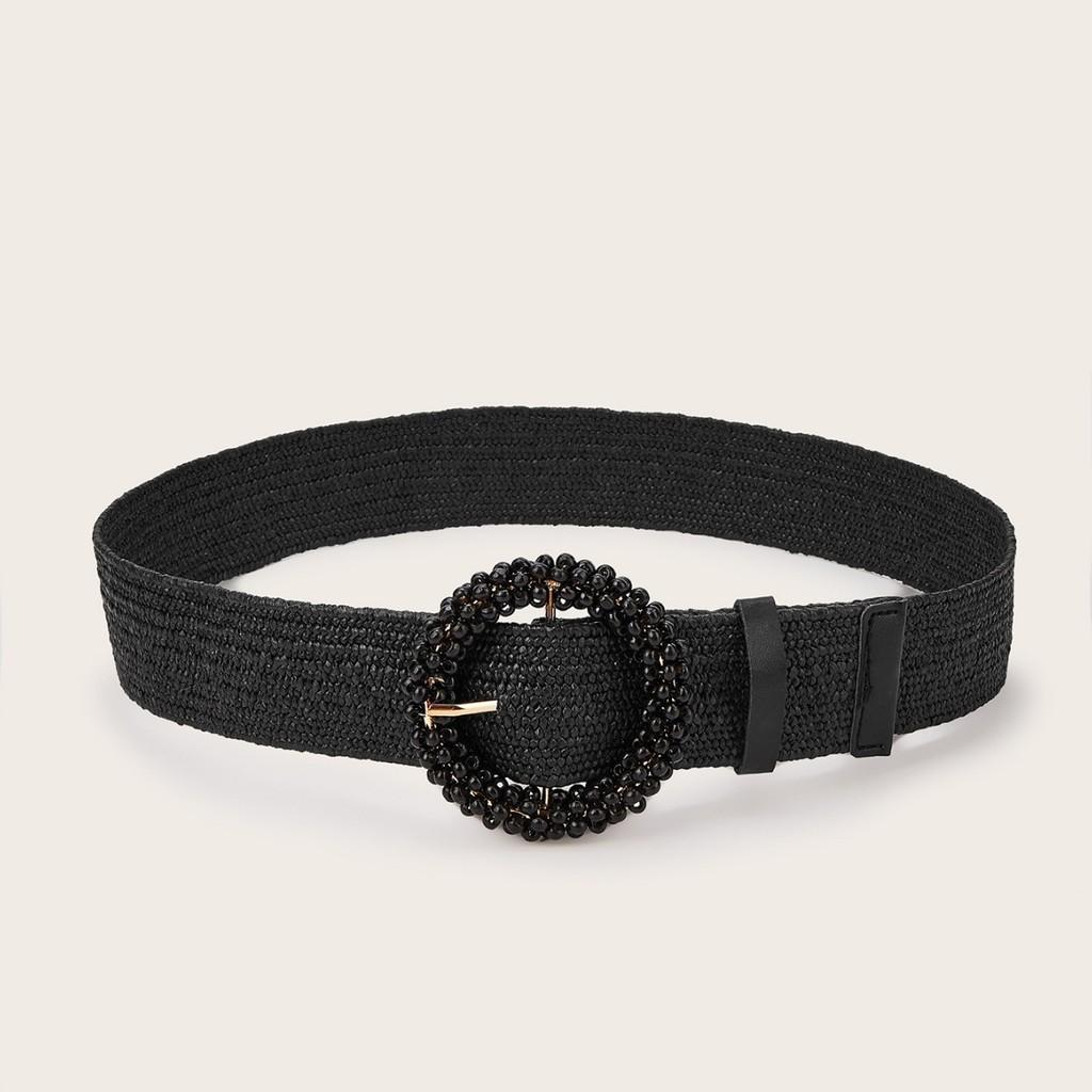 Simple Solid Color Bead Ring Buckle Decoration Women Woven Belt For Casual Ethnic Wear