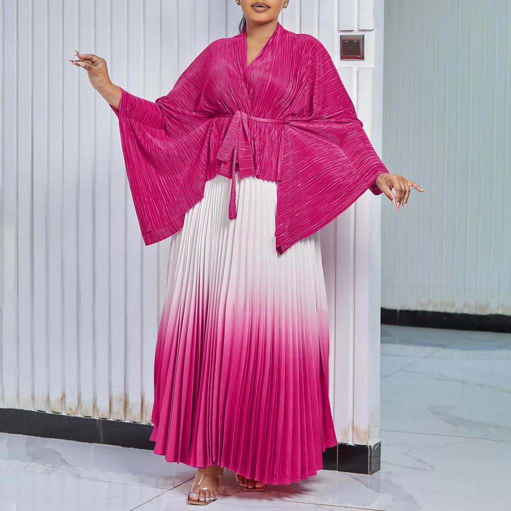 European & American Fashion Pleated Top and Gradient Swing Skirt Two-Piece Set