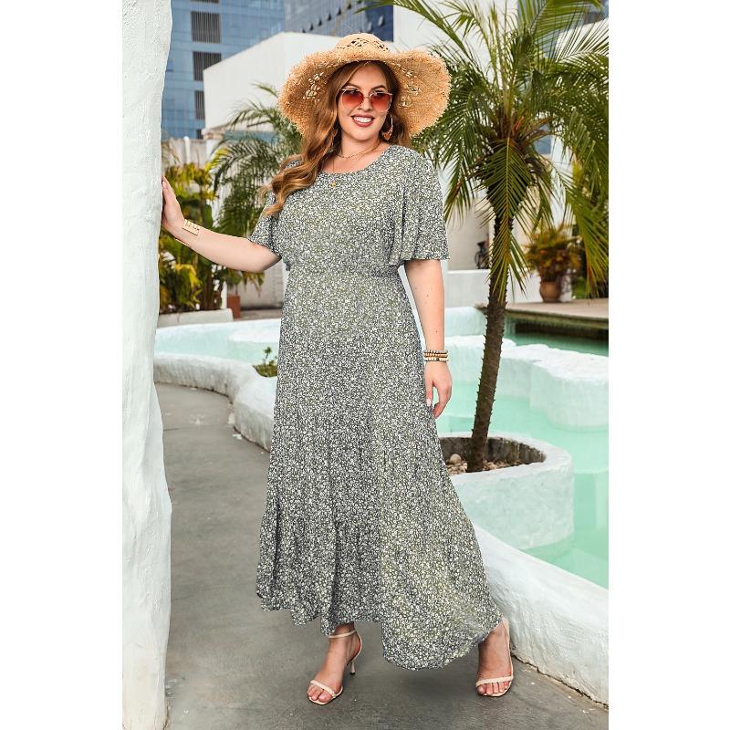 Новое повседневное платье для отпуска с цветочным принтом, круглым вырезом, коротким рукавом, миди-платьями