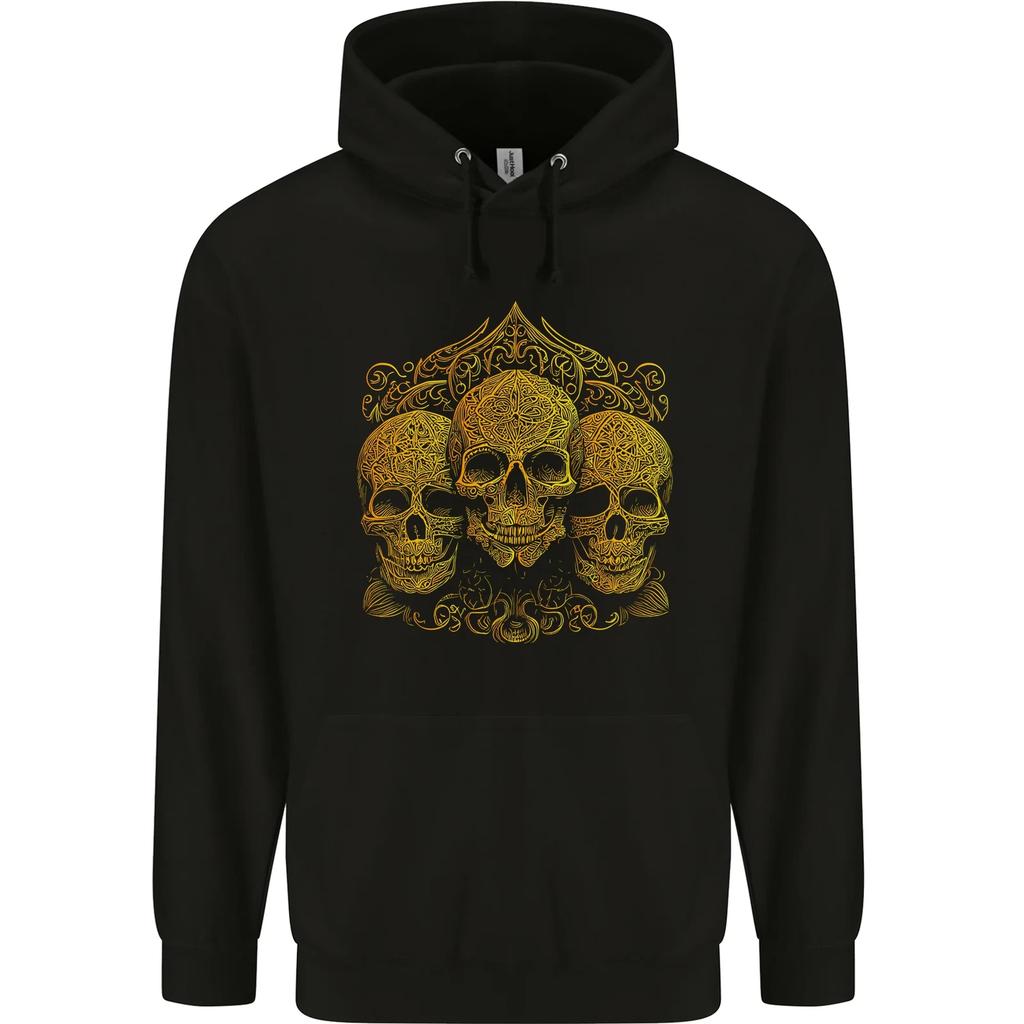 3 Ornate Gold Skulls Gothic Goth Hoodie