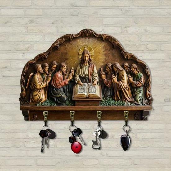 Wall Mount Key Holder Wooden Carving Jesus Themed Key Organizer Multi-purpose Home Office Entryway