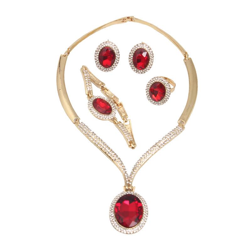 Rhinestone Crystal Big Gem Necklace Earrings Ring Bracelet Four-Piece Women'S Accessories