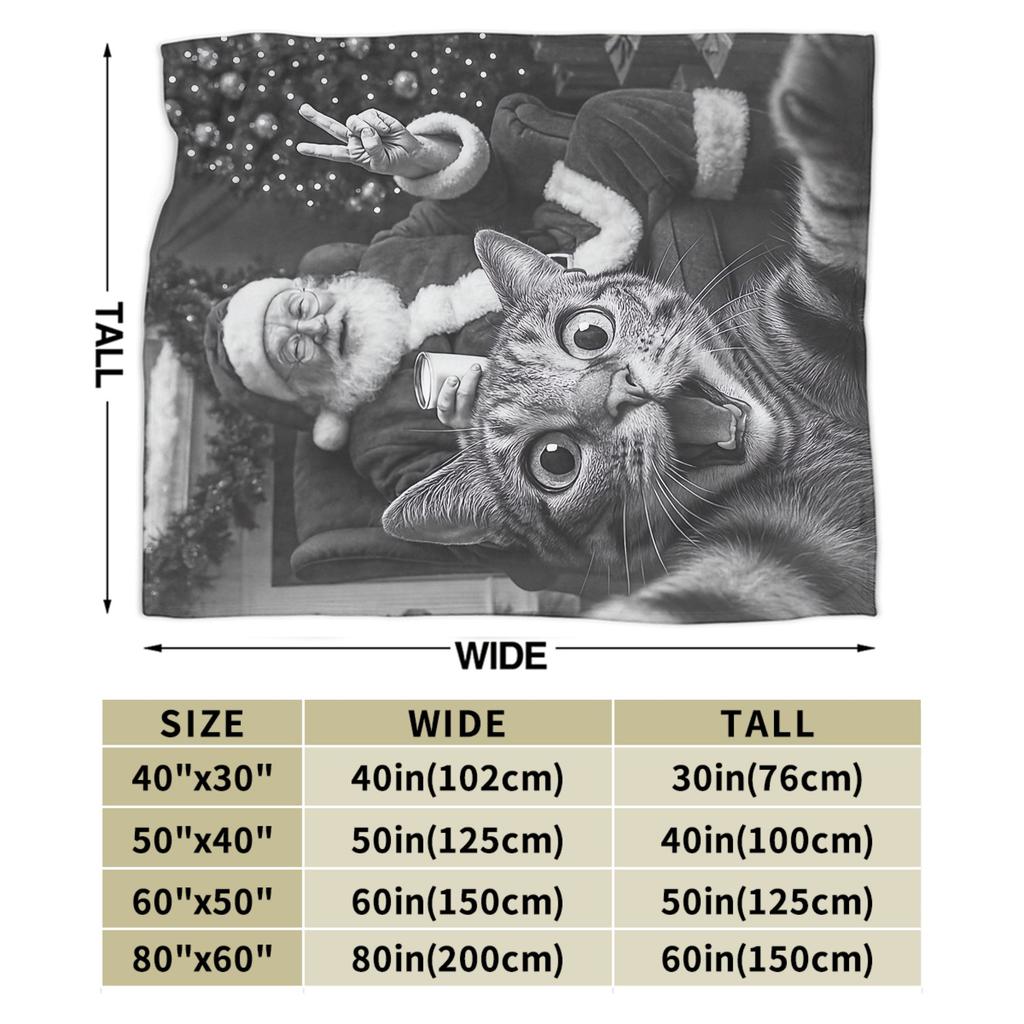 Cat Selfie with Santa Soft Warm Blanket Children Plush Throw Blanket Funny Couch Bed Flannel Bedspread Sofa Bed Cover