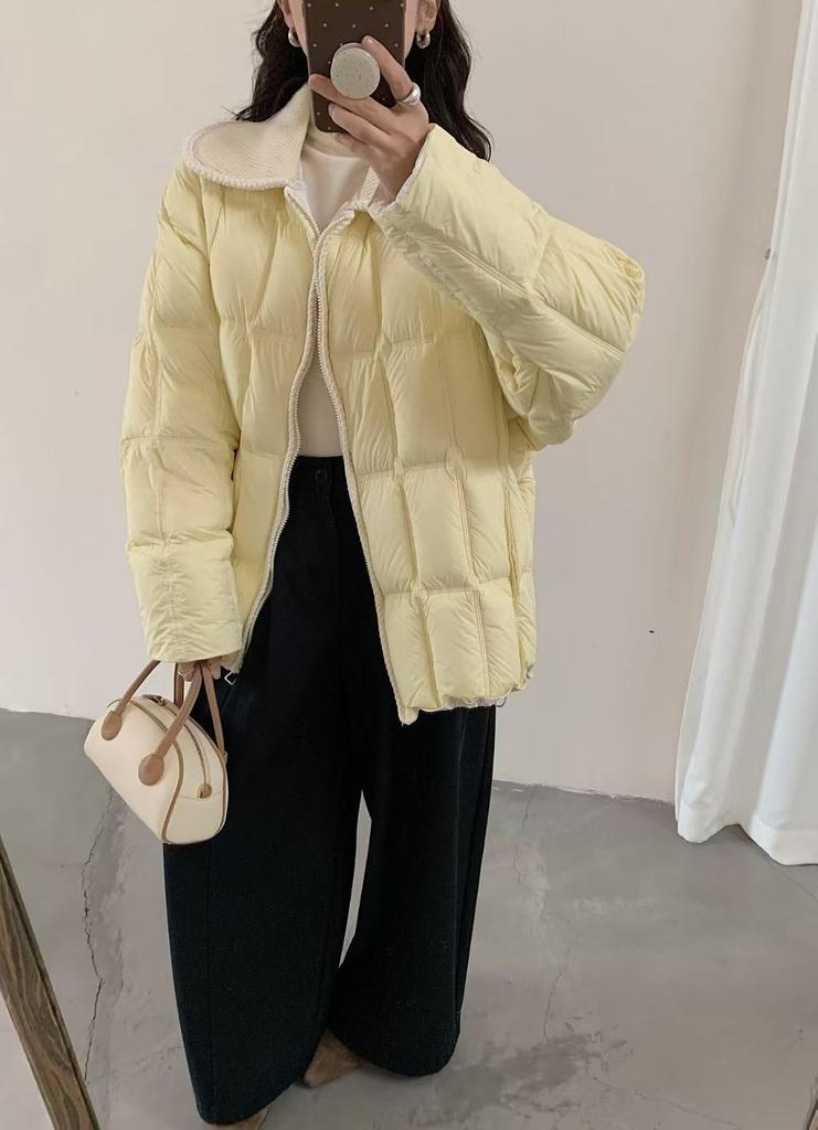 Yu Yan, corduroy doll collar splicing down jacket women's winter new white duck down stand-up collar bread jacket