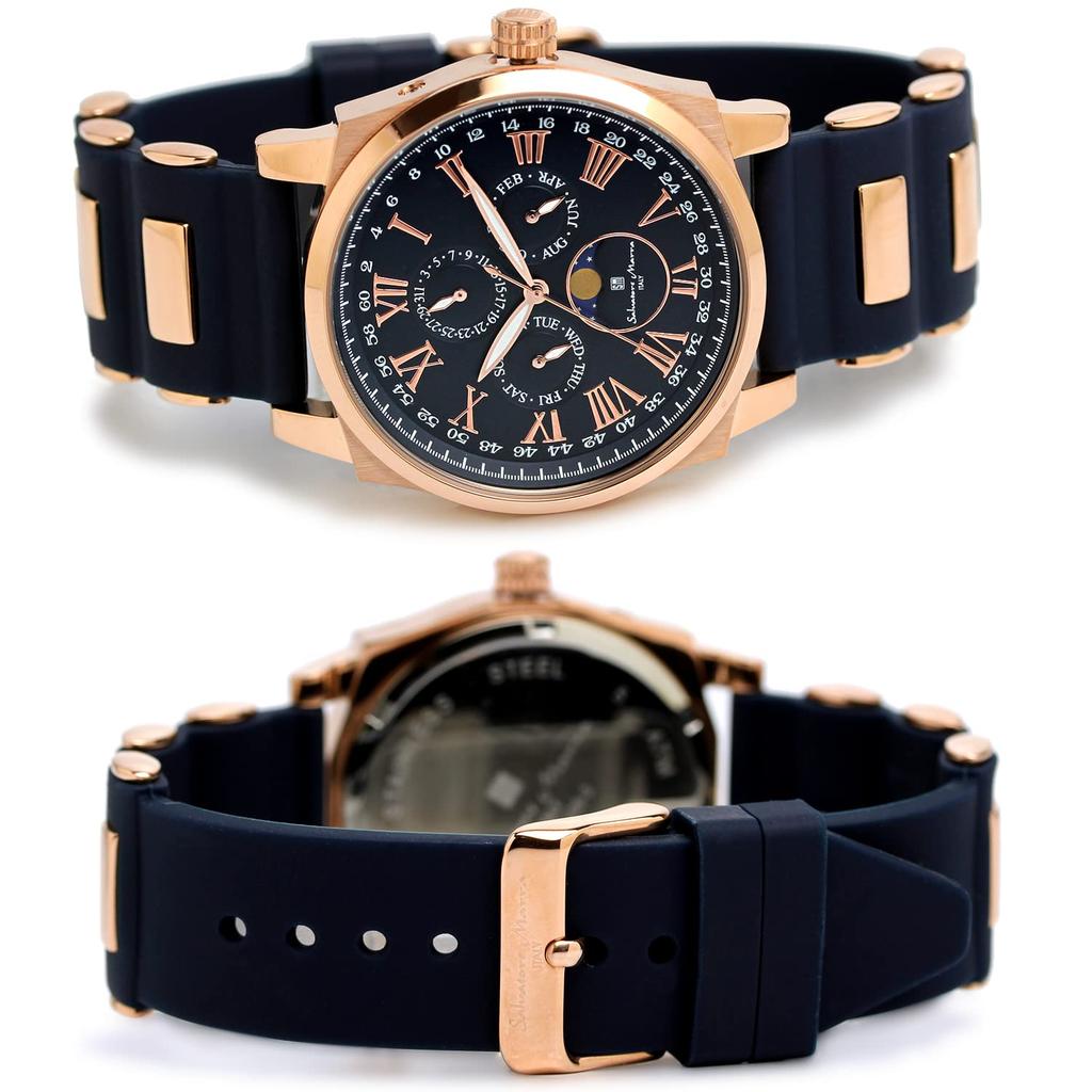 Salvatore Marra Men's Moon Phase Watch, Model SM22105, Multi-Calendar, Blue & Pink Rubber Strap, Limited Edition