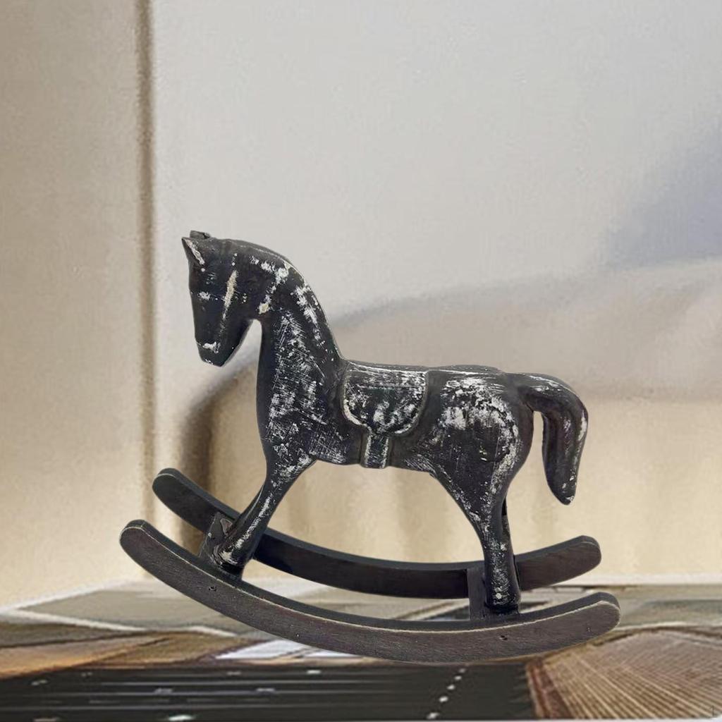 Wooden Rocking Horse Figurine Animal Sculpture Art Crafts Wood Decorative Statue Desktop Ornament