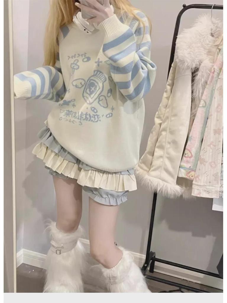 Синий полосатый вязаный свитер Y2K с длинными рукавами - женский осенне-зимний топ с круглым вырезом.