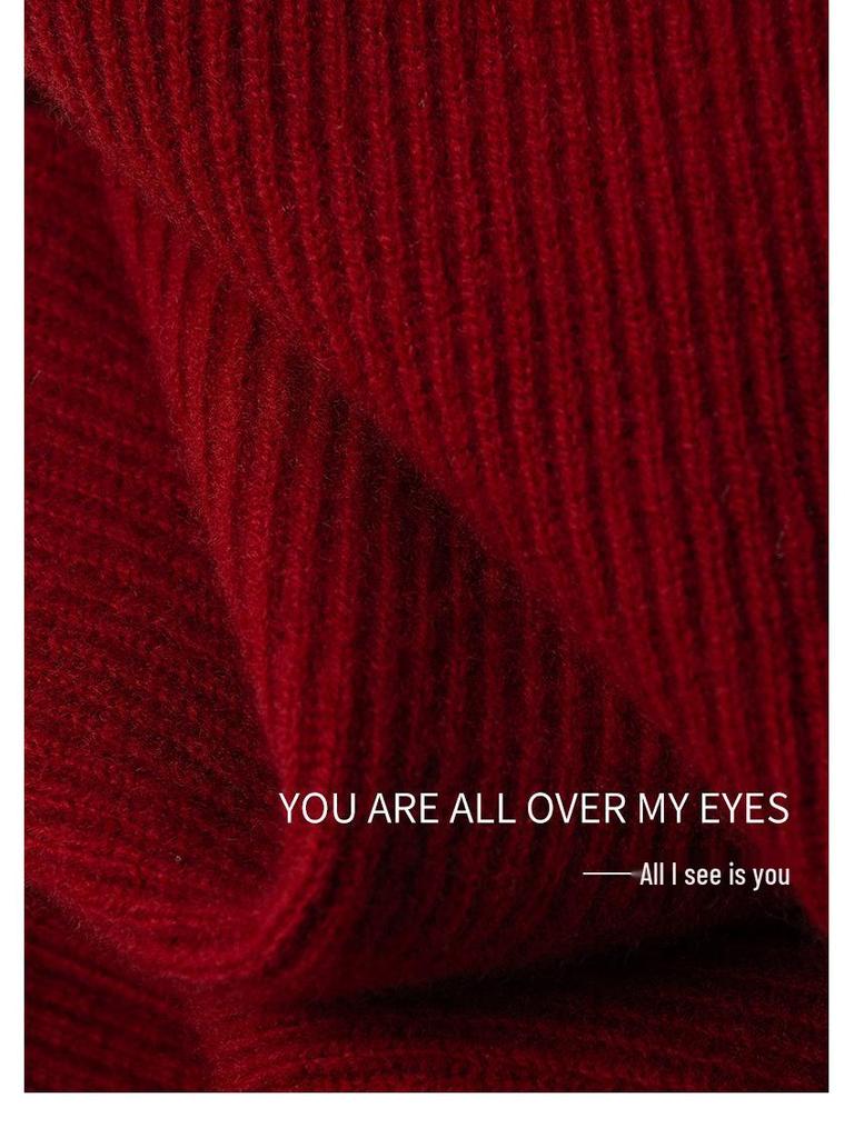 2025 Red Wool Zip-Up Collar Knit Pullover for Women - New Year Collection