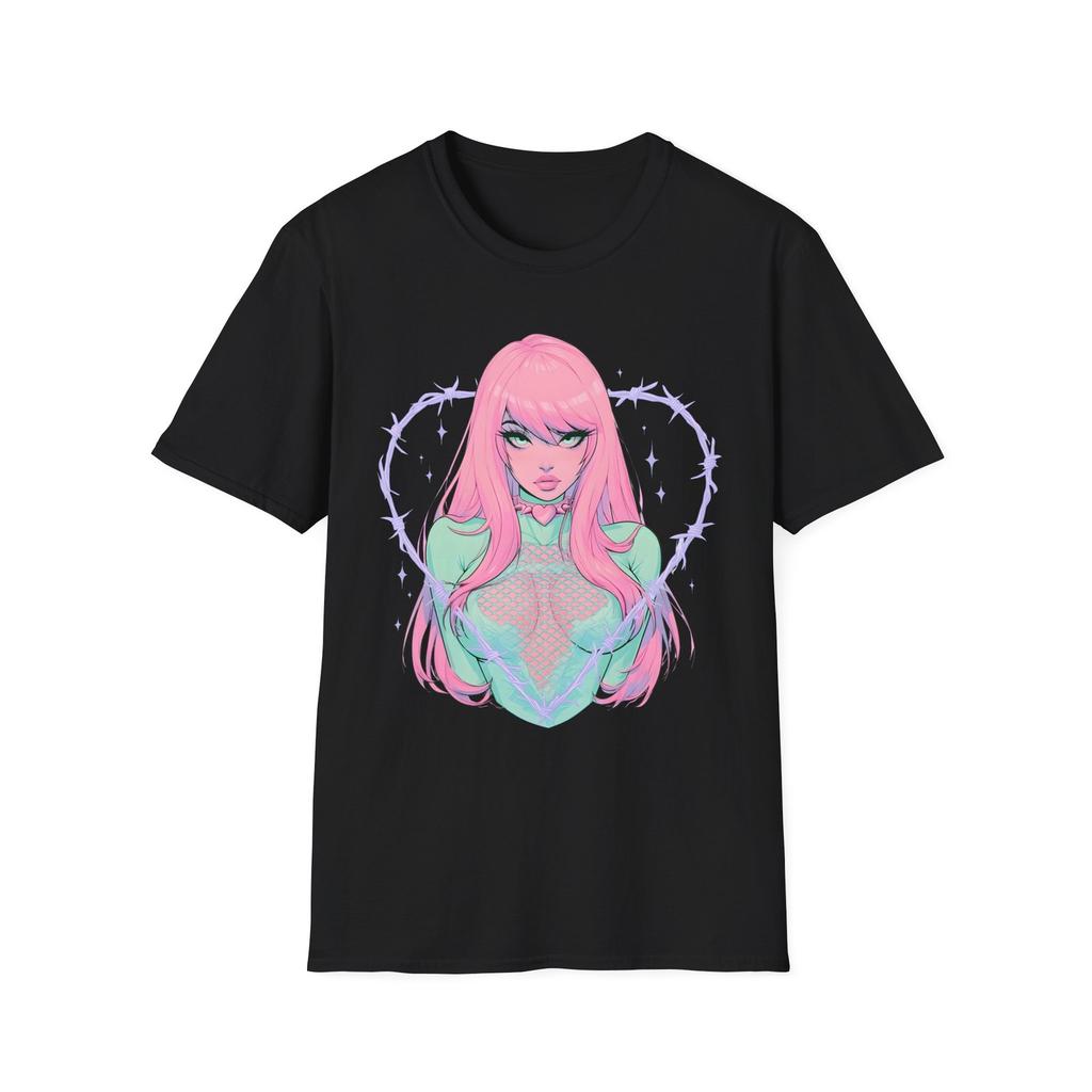 Pink Anime Girl Heart T-Shirt | Pastel Cyberpunk Aesthetic, Unisex Tee