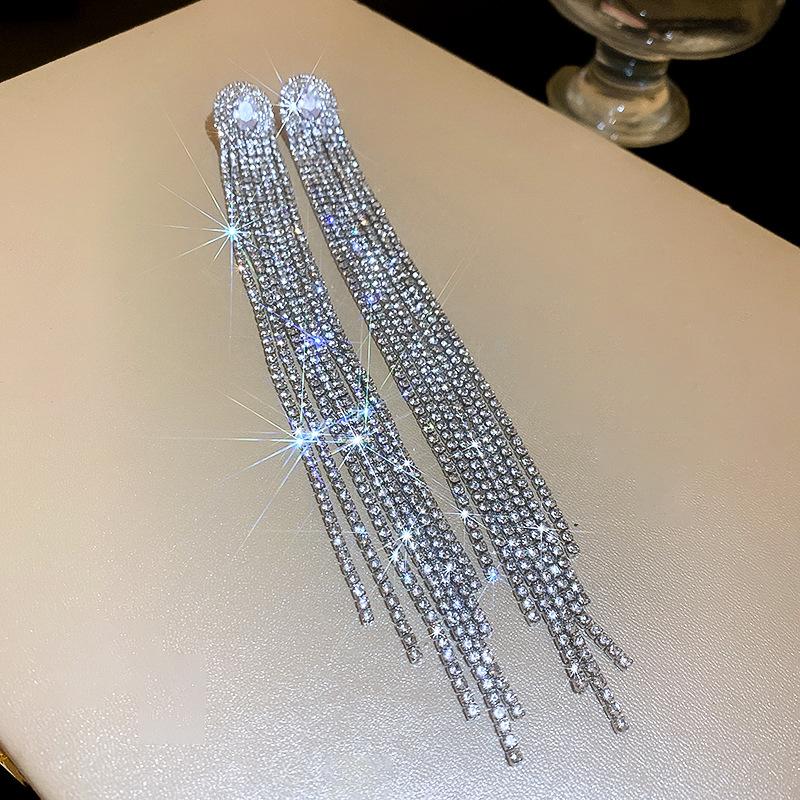 Silver Needle Diamond Elliptical Zircon Tassel Earrings European and American Exaggerated Design Earrings Fashion Advanced Earrings