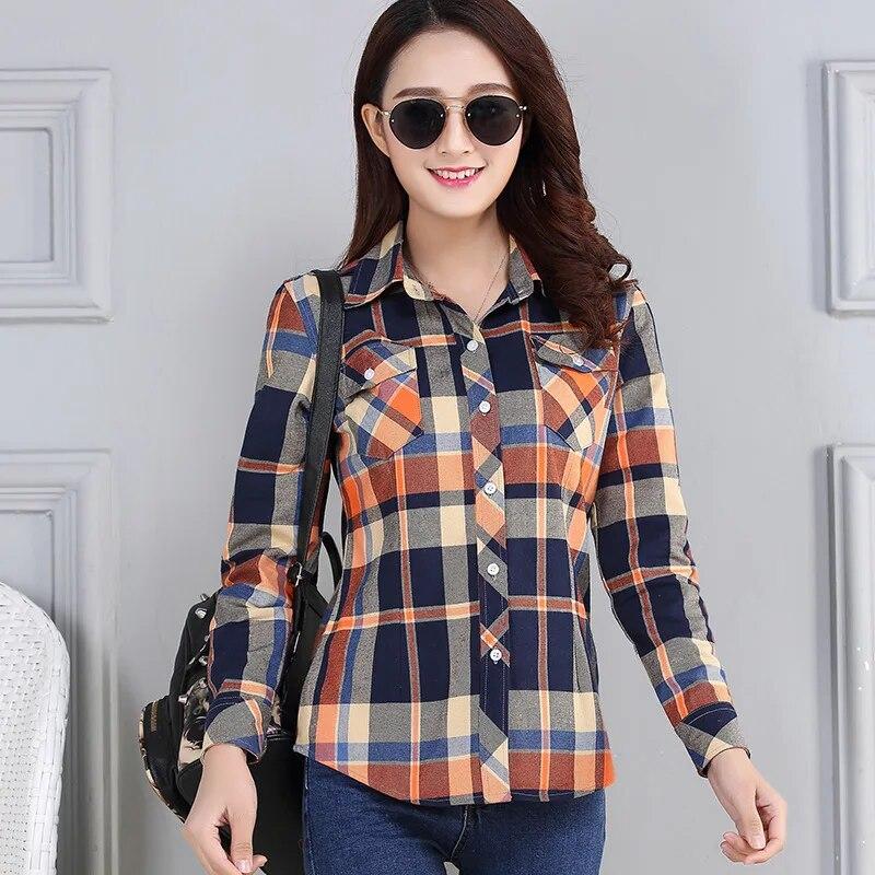 Women's Spring and Autumn Plaid Shirt Casual Long Sleeve Pocket Cotton Shirt