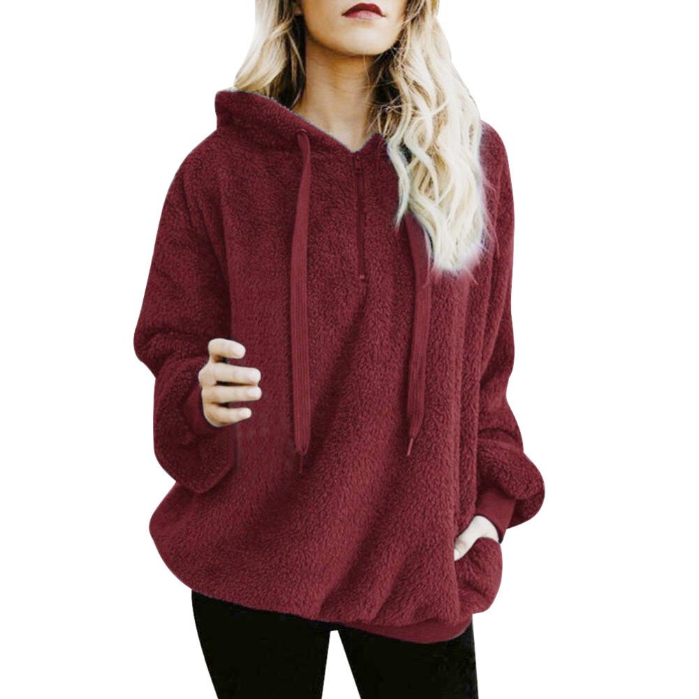 Winter Solid Thick Warm Long Color Women Hoodies Sleeve Zipper Hooded Sweatshirt