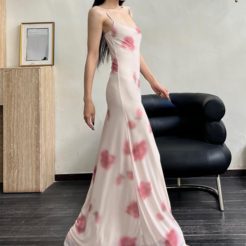 Fairycore Grunge Elegant Midi Dress Women Y2k Vintage Streetwear Spaghetti Strap High Waist Florals Printed Party Dress Female