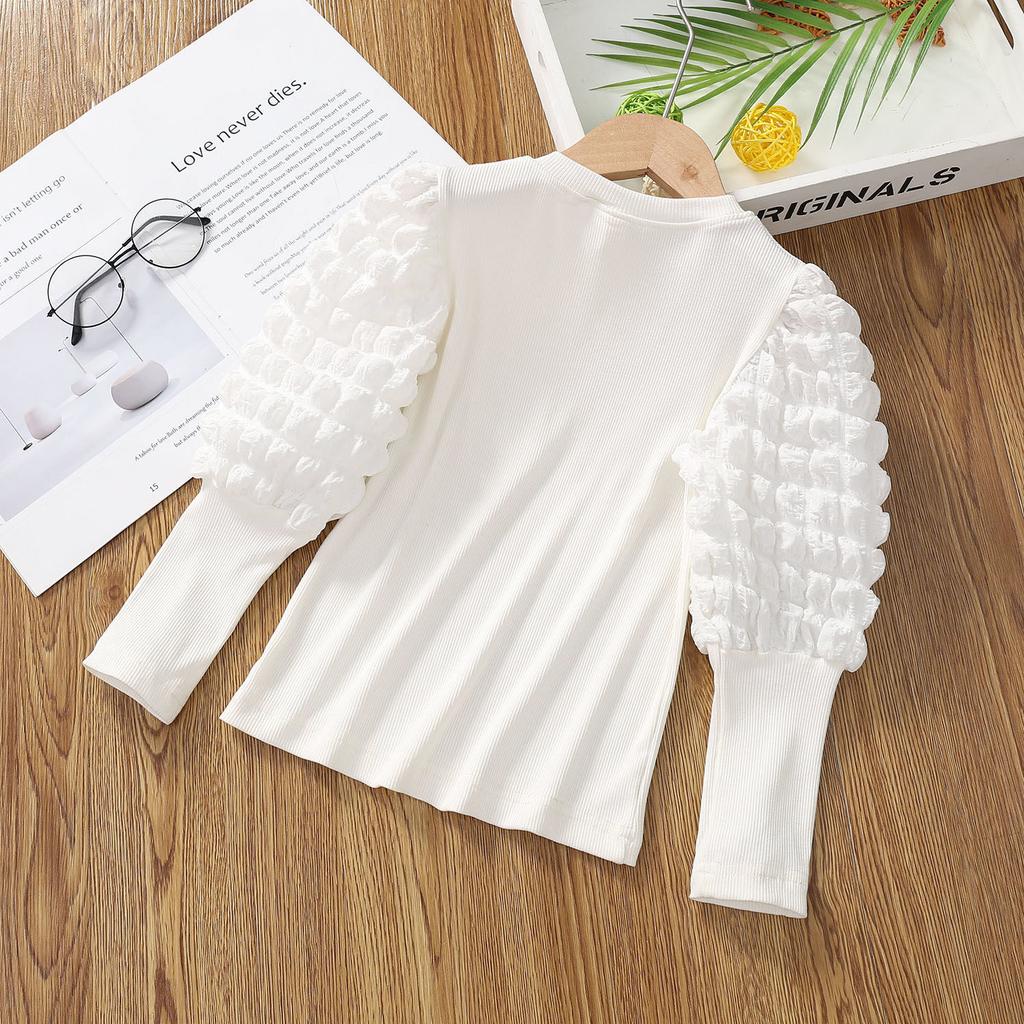 Базовая рубашка для девочек, весна и осень, полувысокий ворот, рукава-фонарики, утолщенная детская футболка с длинными рукавами, женский топ