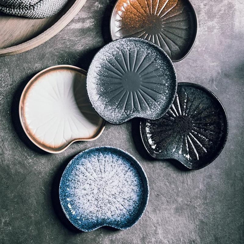 Ретро керамическая тарелка для приправ Тарелка в виде листа лотоса Тарелка для закусок для суши Блюда для закусок Посуда для соевого соуса Посуда для молекулярной кухни