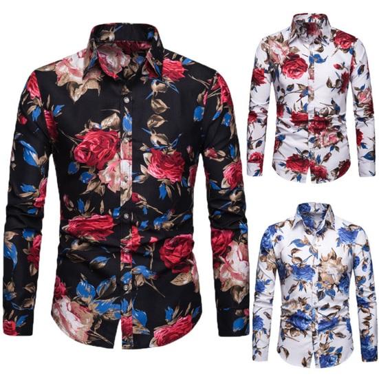 Men Spring Summer Shirt Turn-down Collar Single-breasted Slim Fit Long Sleeve Buttons Soft Breathable Vivid Flower Print Mid Length Men Top