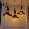 Easy Install Halloween Lights Light Up Witch Hat Hanging Lamp, Glowing Ornament with Twinkling Sparkling Star Window Pendant Stars Moon, Indoor