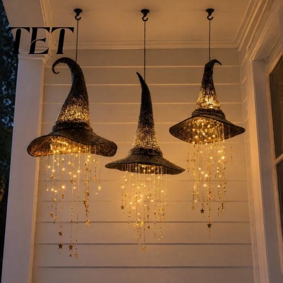 Easy Install Halloween Lights Light Up Witch Hat Hanging Lamp, Glowing Ornament with Twinkling Sparkling Star Window Pendant Stars Moon, Indoor