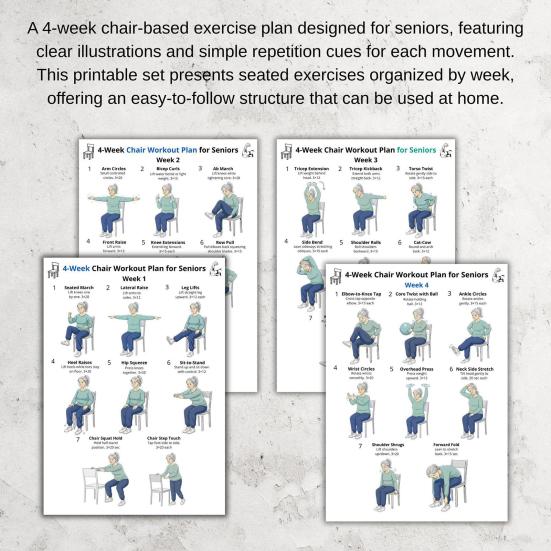 4Pcs 4-Week Chair Exercise Chart for Seniors Full Body Seated Stretching