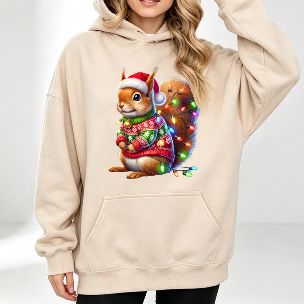 Christmas Squirrel Drop Shoulder Sweatshirt Festive Sweater Santa Hat Fashion Long Sleev Pullovers Vintage Cute Holiday Hooded