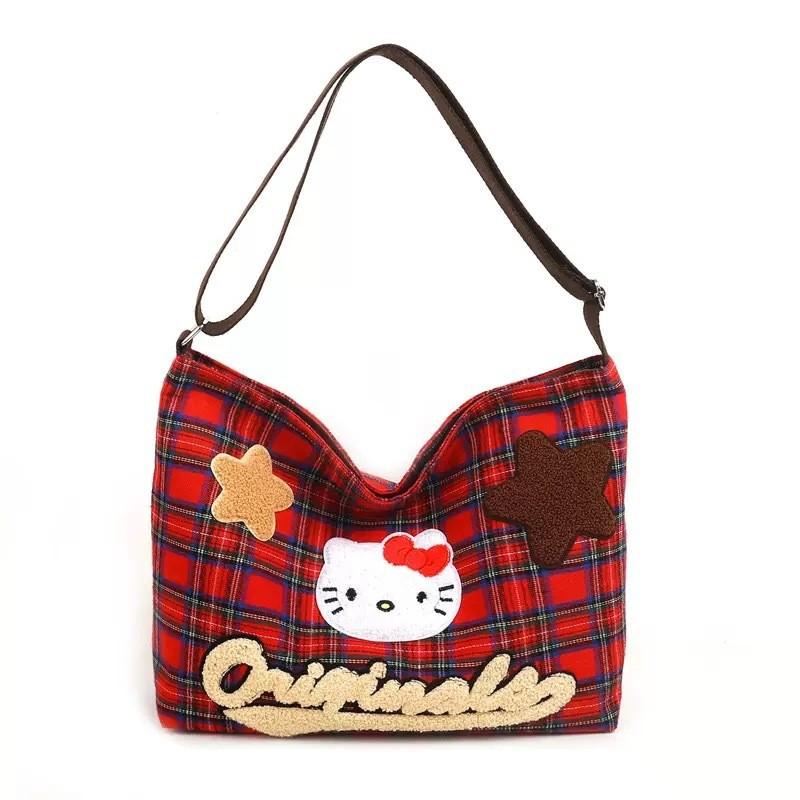 Канвасная сумка через плечо Hello Kitty для женщин и мужчин, большая вместимость, с вышивкой в виде мультфильма