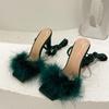 Summer Green Shoes Sandals Fashion Furry Cross -Tied Women Pumps Sexy Lace -Up Party Dress Ladies 11cm Strange High Heels