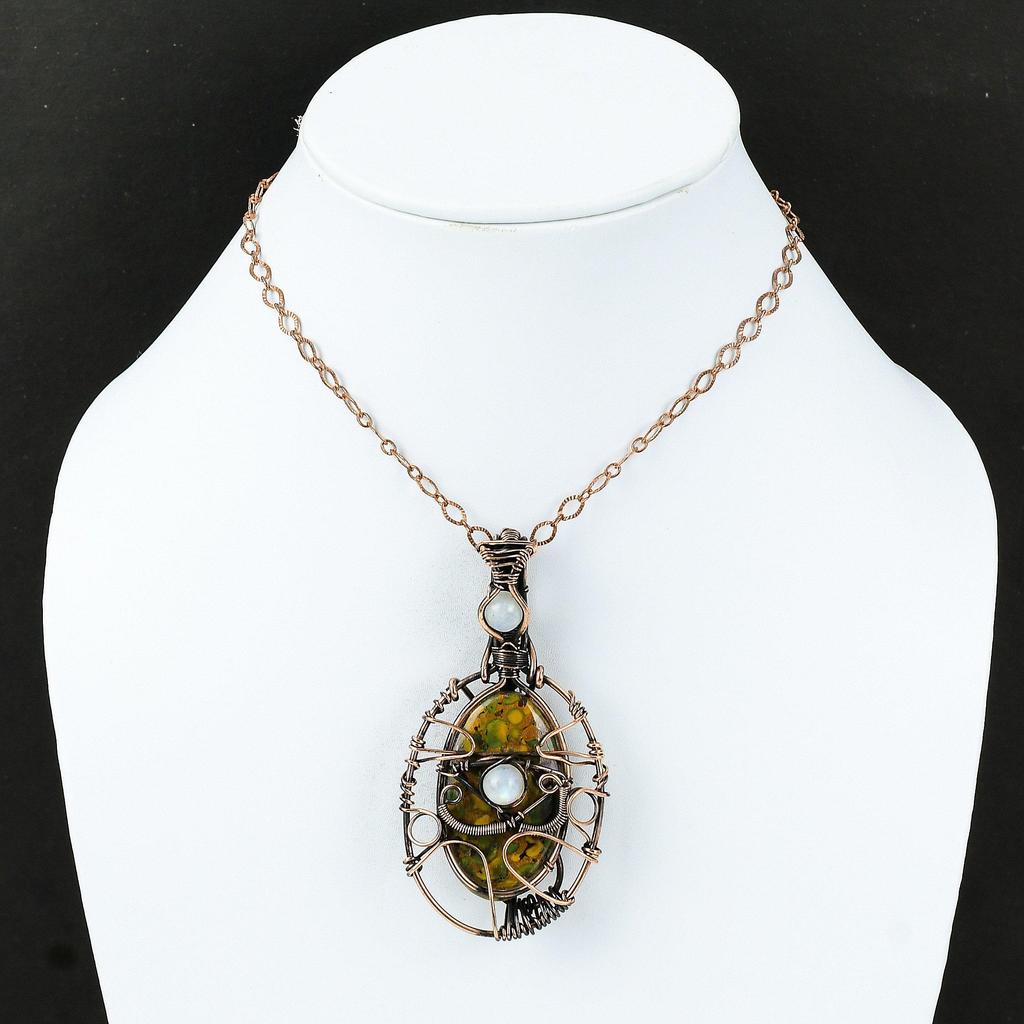 Подвеска из фруктовой яшмы от сглаза, медная проволочная обертка, подвеска из драгоценных камней, ручная работа, ювелирные изделия от сглаза, подвеска из лунного камня, проволочная обертка