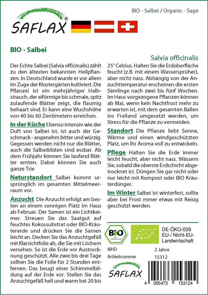 SAFLAX Garden in the Bag - Органический - Шалфей - 60 семян - С субстратом в подходящем стоячем пакете - Salvia officinalis
