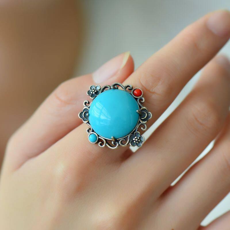 Adjustable Copper Ring With Turquoise Red Agate Floral Design Vintage Bohemian Style Women Men