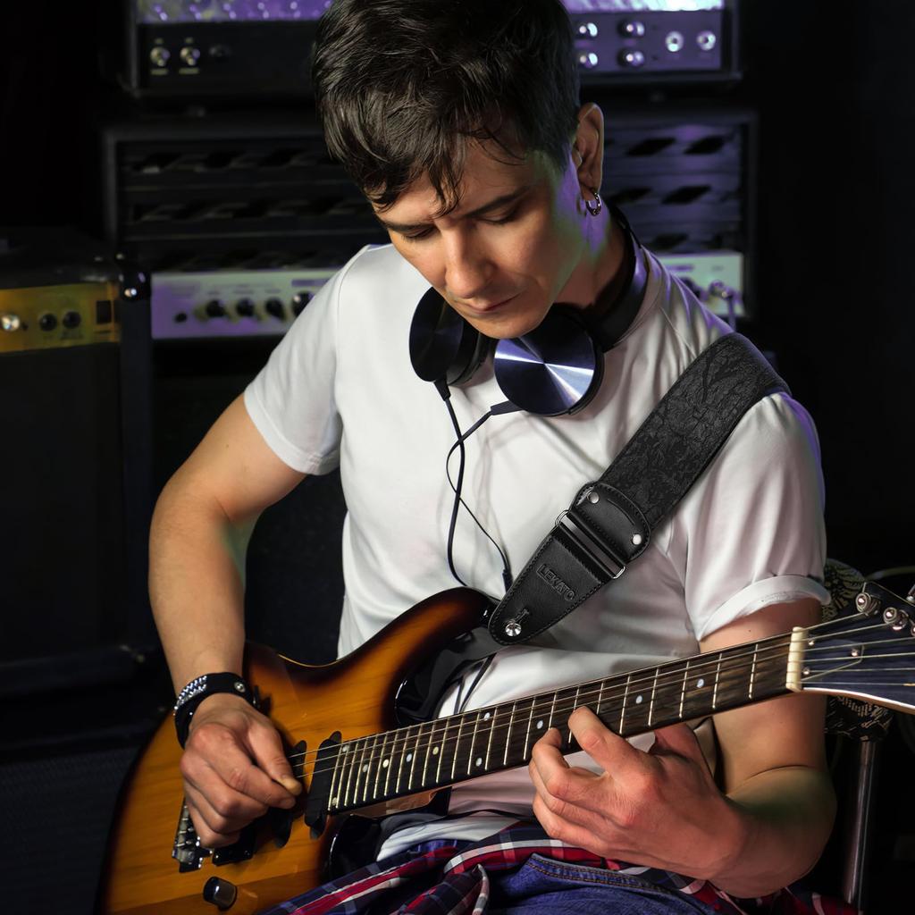 Ремень для гитары с анаглифическим тиснением и цветочным узором, ремень для электробас-гитары, акустической гитары, широкий ремень для бас-гитары, фиксация кабеля с помощью медиатора, черная мягкая гитара