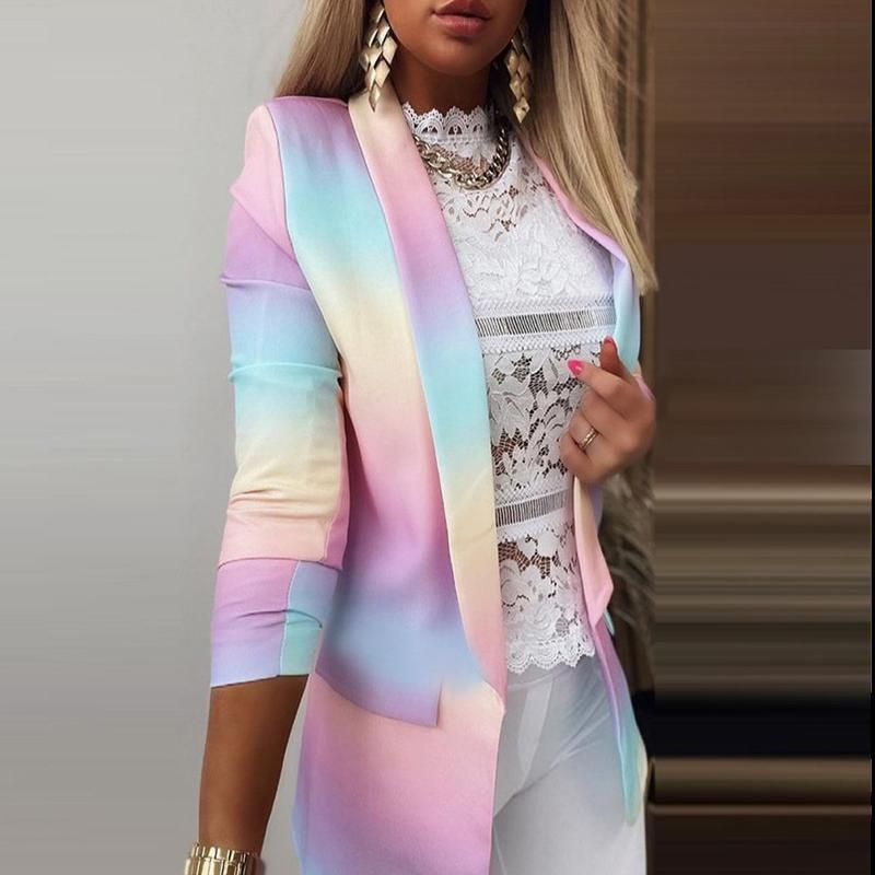 Женская мода с длинным рукавом и цветным принтом, куртка с открытой передней частью