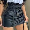 Женская короткая юбка, сексуальная искусственная кожа с высокой талией, на бедрах, с запахом выше колена, плиссированная, на шнуровке, облегающая, черная мини-юбка для девочек, клубная одежда