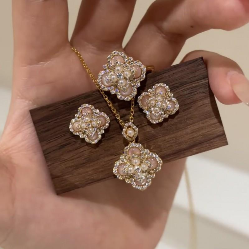 Womens Pink Chalcedony Pearl Clover Jewelry Set - Palace Style Necklace Earrings Ring