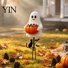 Decorative Soil Insert Signs Halloween Ghost Candy Bowl Garden Stake, 2D Flat Pumpkin Holder with Cat Decor And Bats, Trick or Treat Yard Art