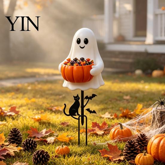 Decorative Soil Insert Signs Halloween Ghost Candy Bowl Garden Stake, 2D Flat Pumpkin Holder with Cat Decor And Bats, Trick or Treat Yard Art