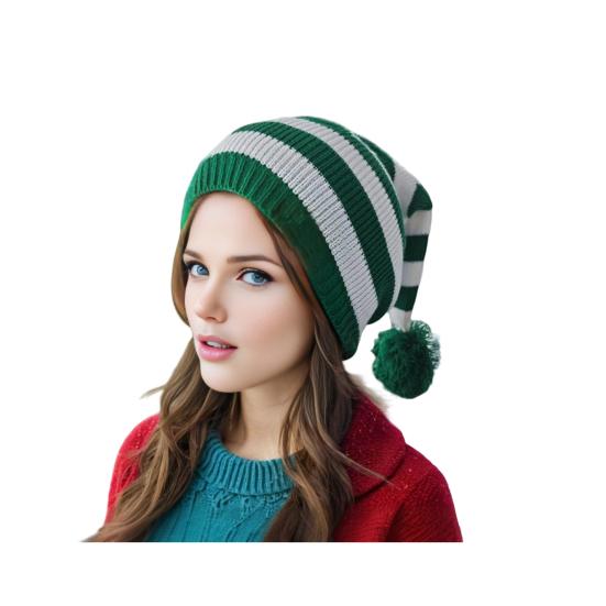Шапка Санты Красно-бело-зеленая полосатая вязаная рождественская шапка с плюшевым помпоном Праздничный аксессуар