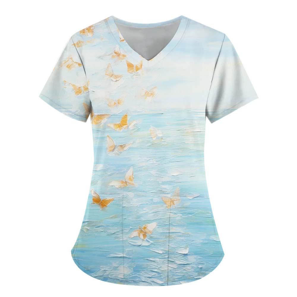 Women's T-shirt V-neck Nurse Uniform Commuting Comfortable Short Sleeved Butterfly Printed T-shirt for Women
