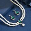 Ladies Two Layer Pearl Shines Oblong Crystal Necklace & Ear Drop Jewelry Set