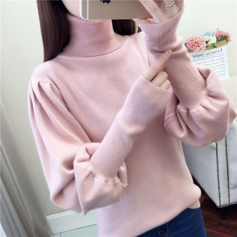 Женский пуловер с высоким воротником, свитер, теплый зимний свободный вязаный джемпер с рукавами-фонариками больших размеров