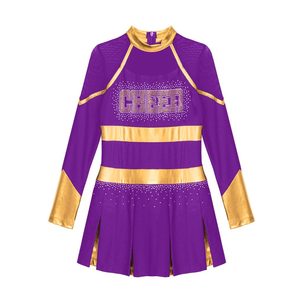 Kids Girls Cheerleading Dance Dress Letter Pattern Shiny Metallic Long Sleeve Pleated Dress